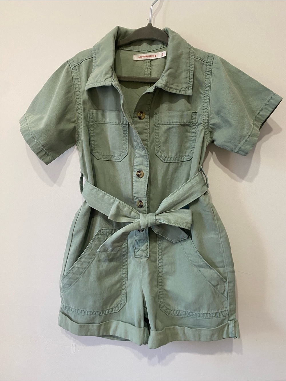 Girls' Sage Utility Romper with Waist Tie